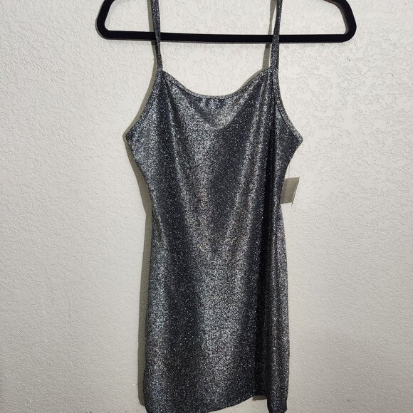 5 B Style Dress Womens Silver Black Glitter Spaghetti Strap Mini Large Juniors - Picture 1 of 5